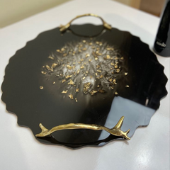 Luxury Black Resin Tray with Gold Foil & Branch Handles – Handmade Decorative Tray