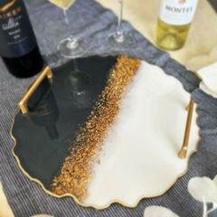 Black & White Geode Resin Tray with Gold Handles – Handcrafted Luxury