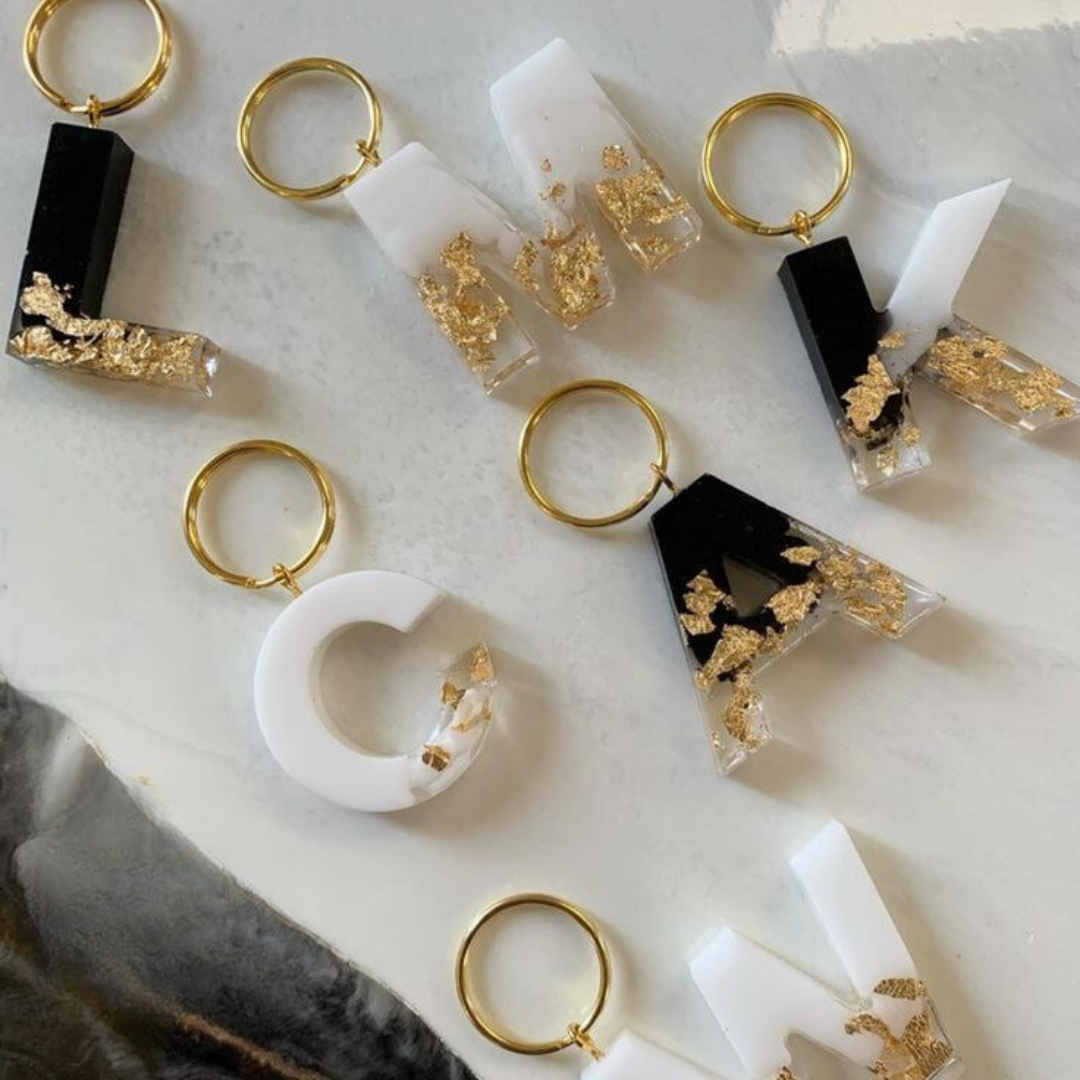 Black & White Gold Flake Custom Handmade Resin Letter Keychains – Personalized for Every Occasion