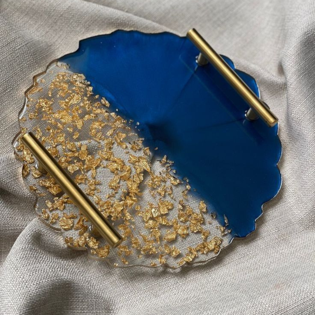 Luxury Round Resin Tray with Gold Handles – Blue & Gold Flake Decorative Tray