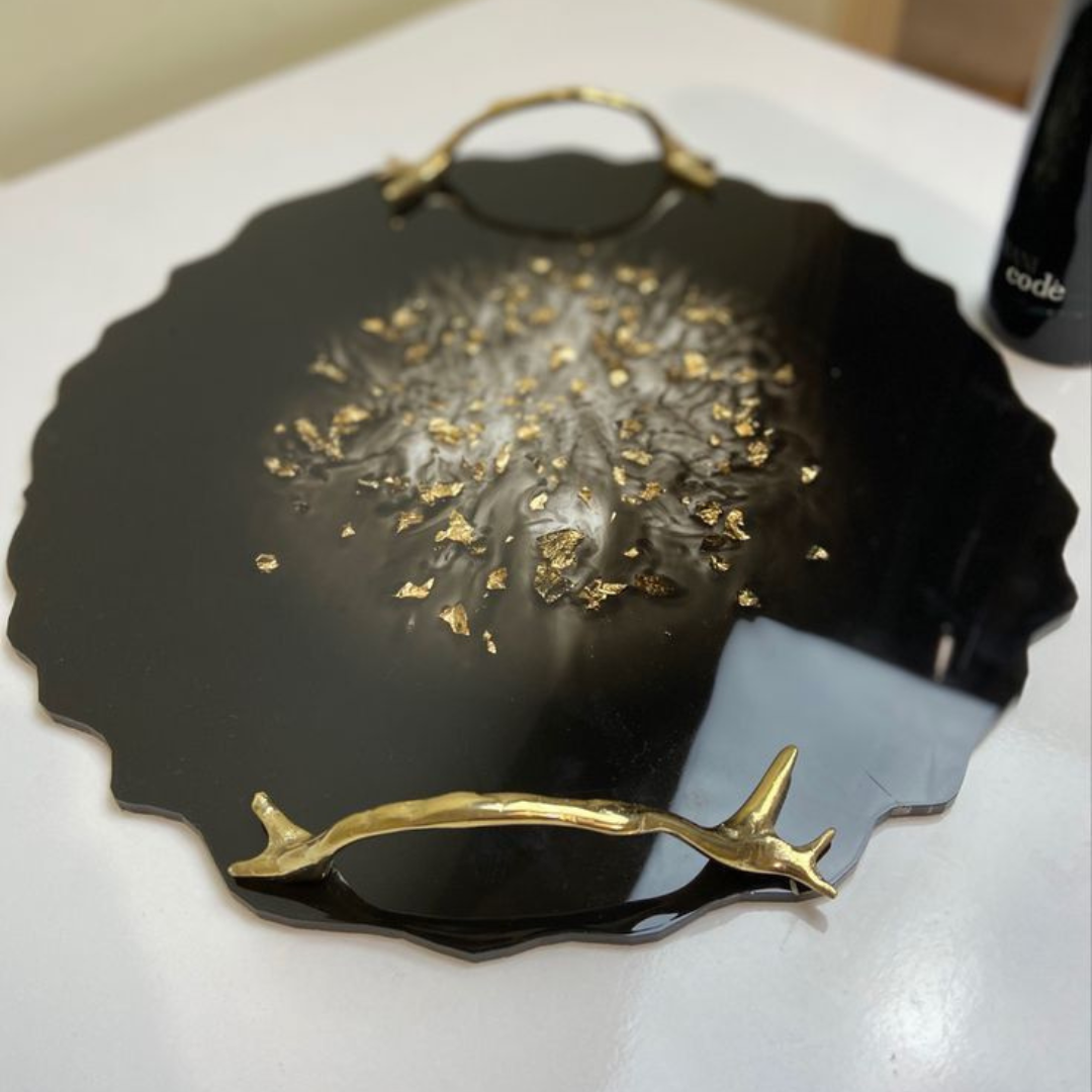 Luxury Black Resin Tray with Gold Foil & Branch Handles – Handmade Decorative Tray