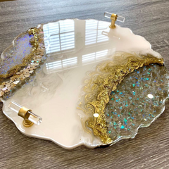 Elegant White & Gold Geode Resin Tray with Crystal Handles – Handmade Decorative Tray