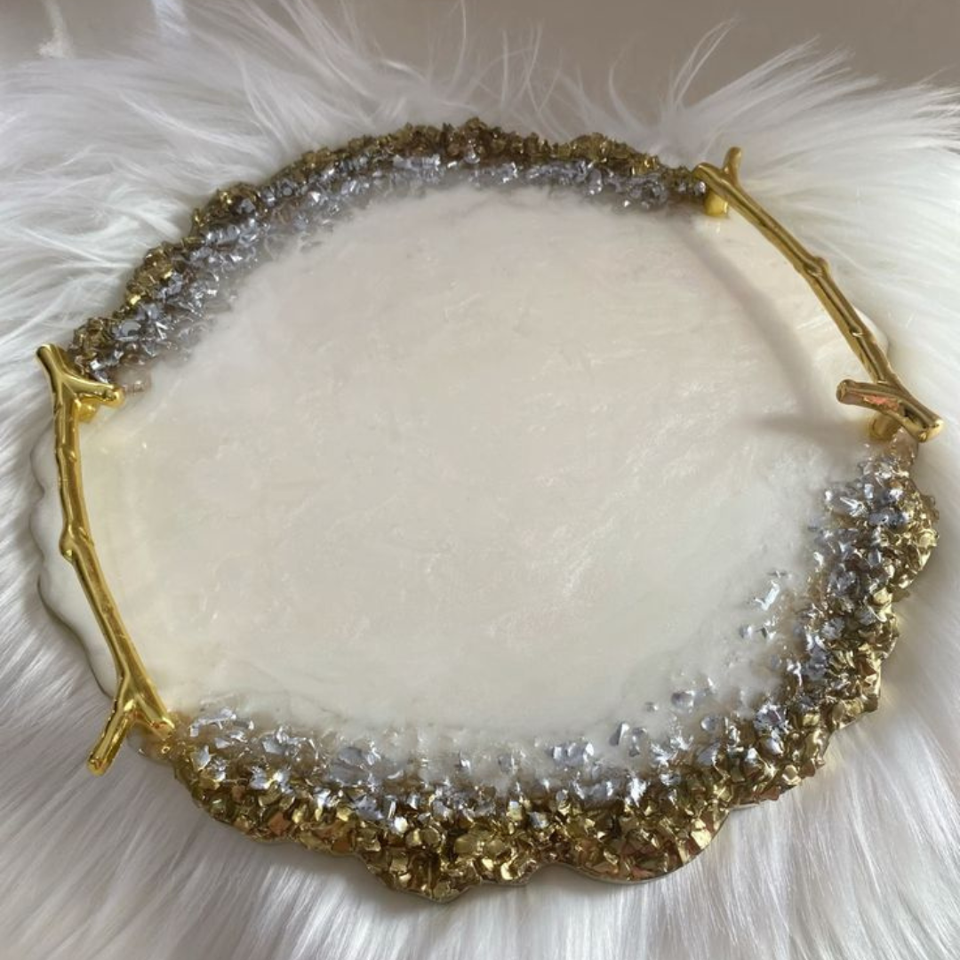 Luxury Round Resin Tray with Gold Branch Handles – White Pearl with Silver & Gold Geode Crystals