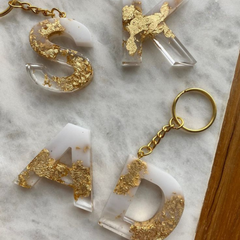 White & Gold Flake Custom Handmade Resin Letter Keychains – Personalized for Every Occasion