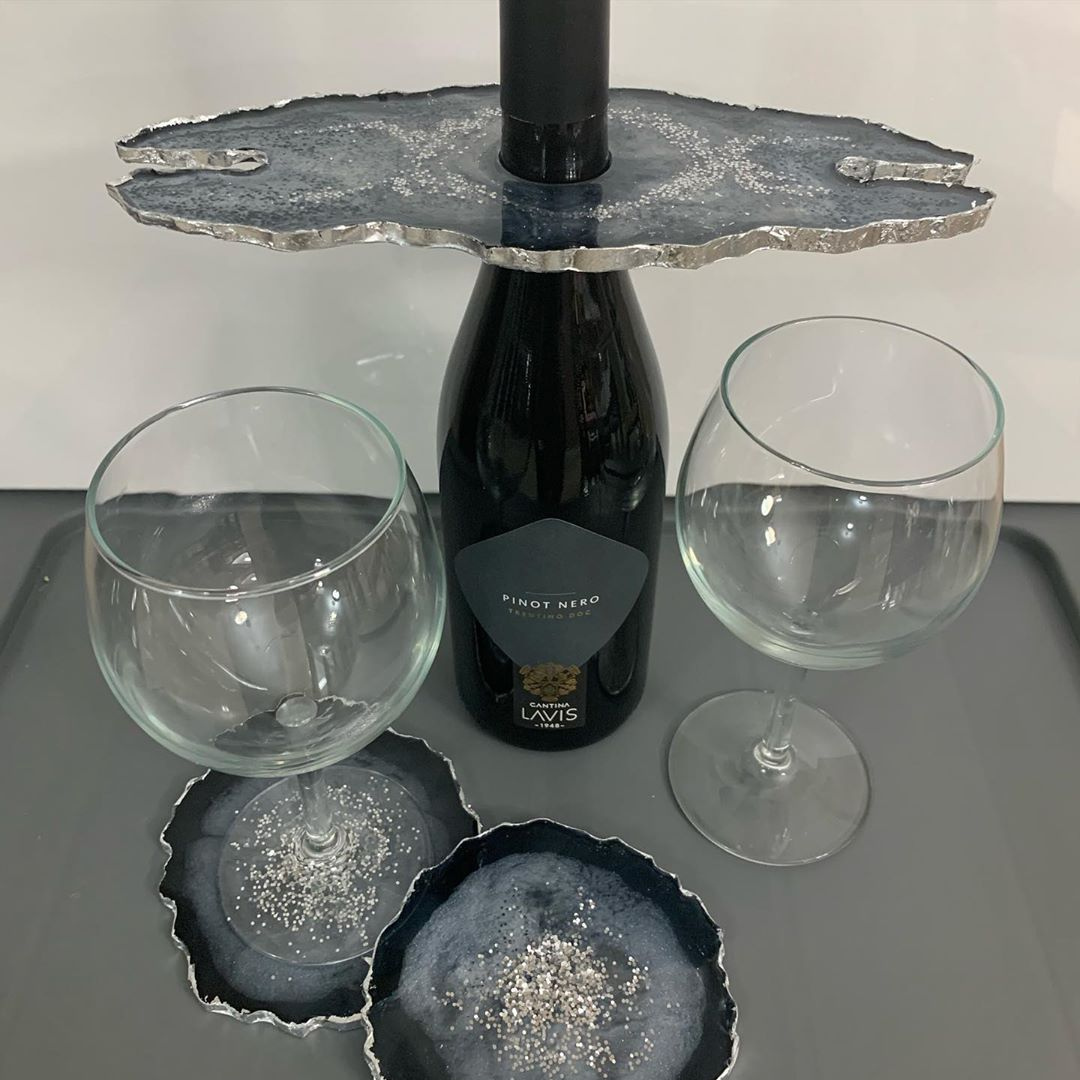 Black & Silver Resin Wine Glass Holder Set – Luxe Desk-to-Dinner Statement Piece