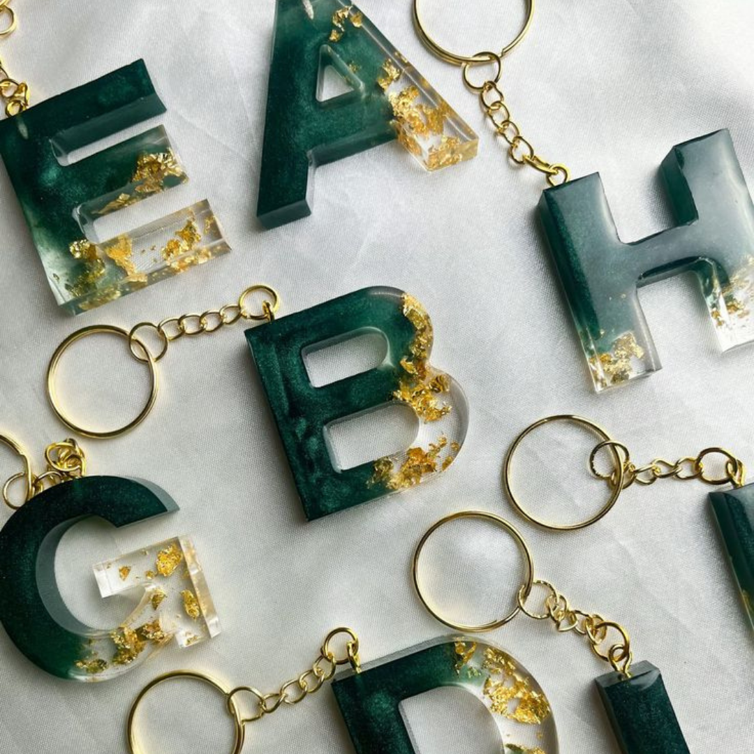 Golden Emerald keychain Custom  Handmade Resin Letter Keychains – Personalized for Every Occasion