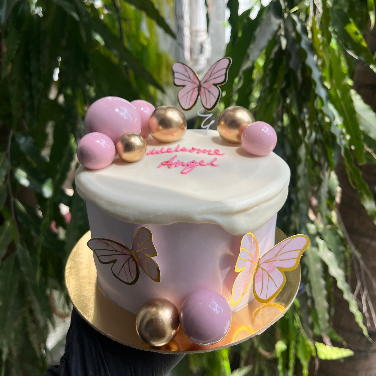Welcome Baby Girl Cake with Butterflies  Pink & Gold Theme